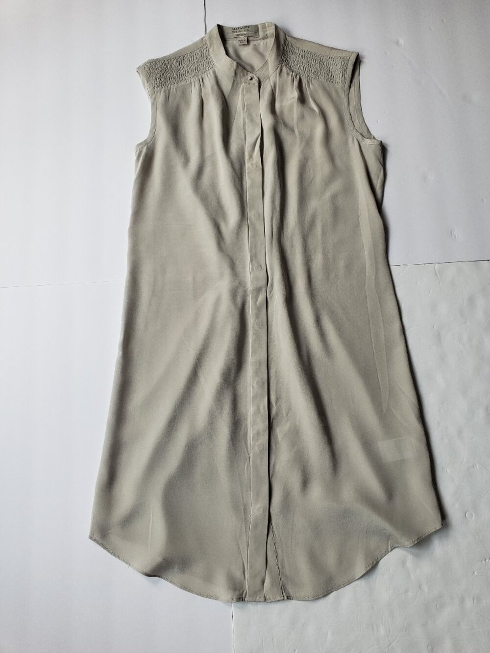 All Saints Sirius Silk Minimalist Button Up Sleeveless Gray Shirt Dress